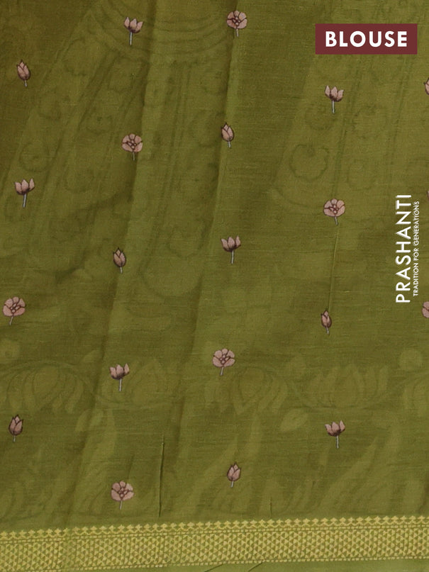 Mul cotton saree dark mustard and green with kalamkari prints and zari woven border