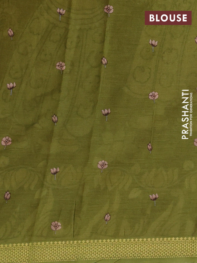 Mul cotton saree dark mustard and green with kalamkari prints and zari woven border