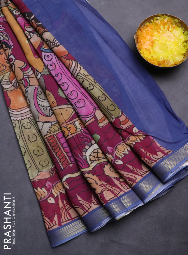 Mul cotton saree magenta pink and blue with kalamkari prints and zari woven border