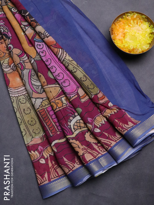 Mul cotton saree magenta pink and blue with kalamkari prints and zari woven border