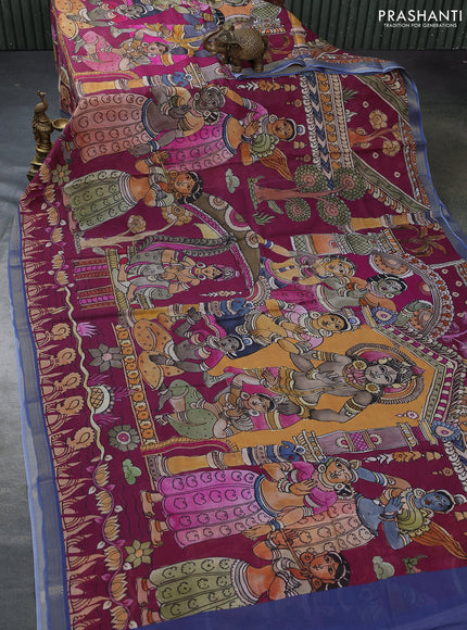 Mul cotton saree magenta pink and blue with kalamkari prints and zari woven border