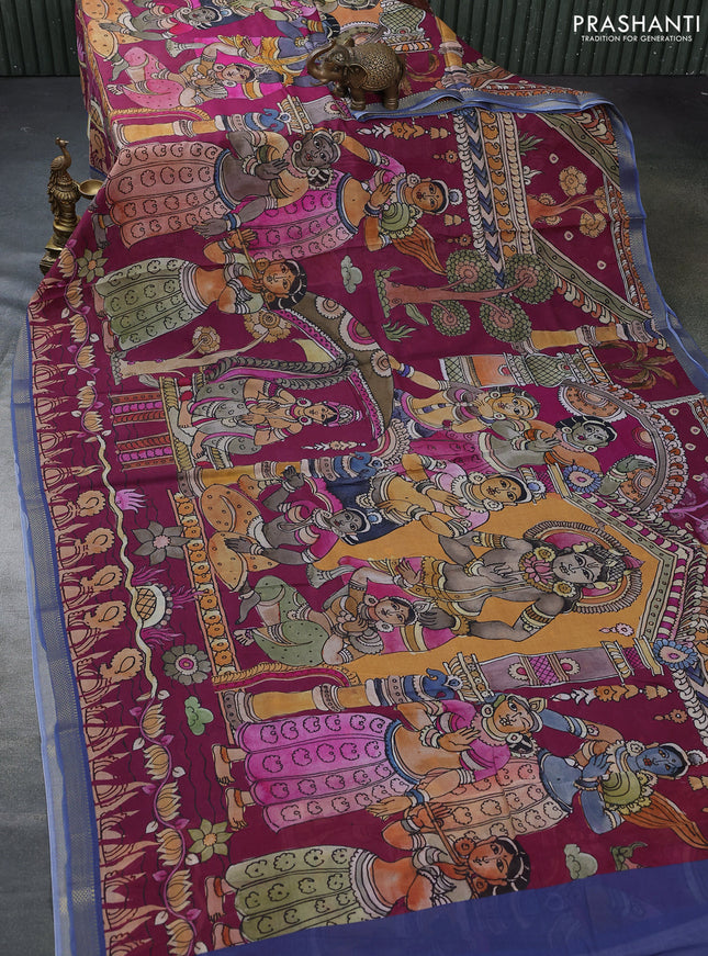Mul cotton saree magenta pink and blue with kalamkari prints and zari woven border
