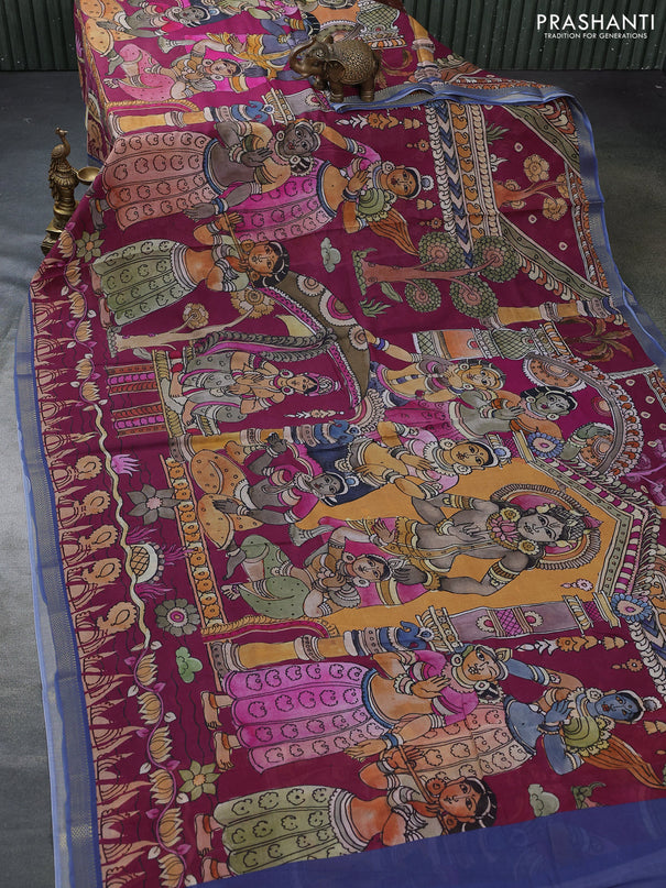 Mul cotton saree magenta pink and blue with kalamkari prints and zari woven border