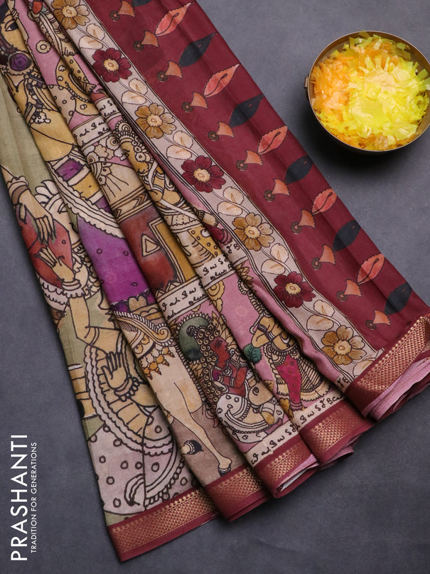 Mul cotton saree pastel green and maroon with kalamkari prints and zari woven border