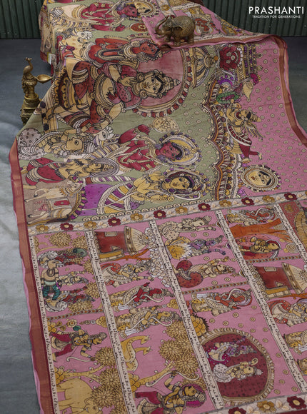 Mul cotton saree pastel green and maroon with kalamkari prints and zari woven border