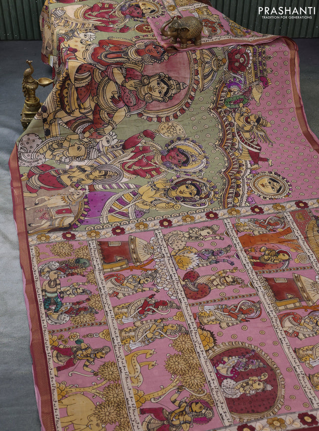 Mul cotton saree pastel green and maroon with kalamkari prints and zari woven border