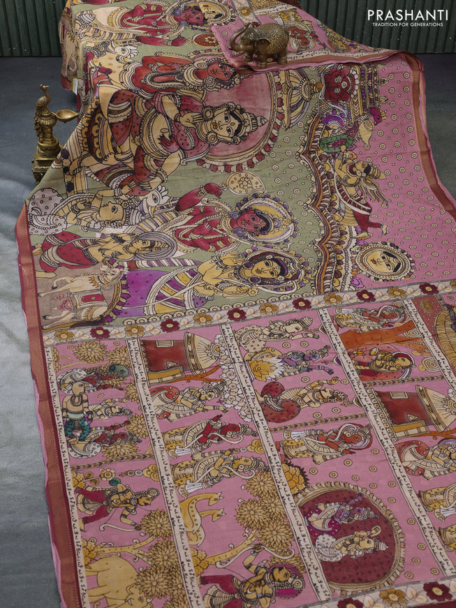 Mul cotton saree pastel green and maroon with kalamkari prints and zari woven border