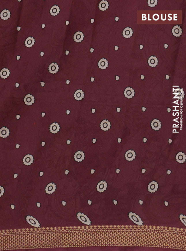 Mul cotton saree pastel green and maroon with kalamkari prints and zari woven border