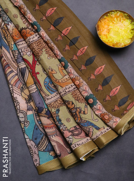 Mul cotton saree teal blue and mehendi green with kalamkari prints and zari woven border