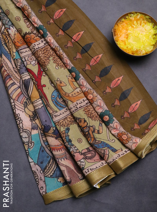 Mul cotton saree teal blue and mehendi green with kalamkari prints and zari woven border