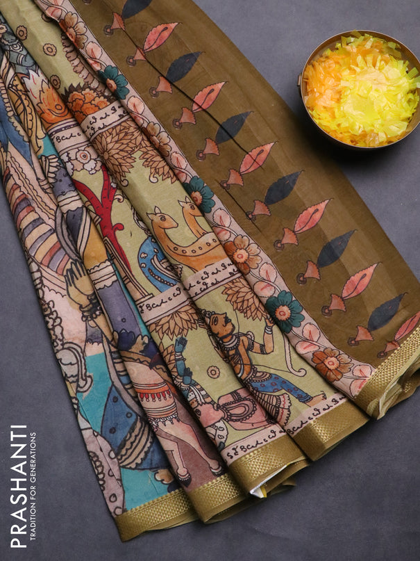 Mul cotton saree teal blue and mehendi green with kalamkari prints and zari woven border