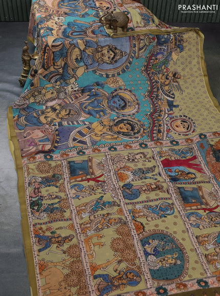 Mul cotton saree teal blue and mehendi green with kalamkari prints and zari woven border