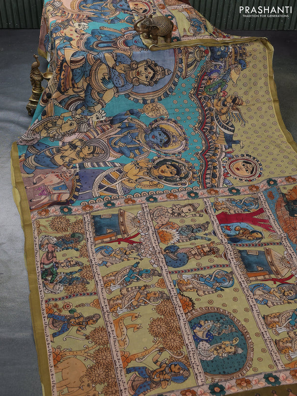 Mul cotton saree teal blue and mehendi green with kalamkari prints and zari woven border