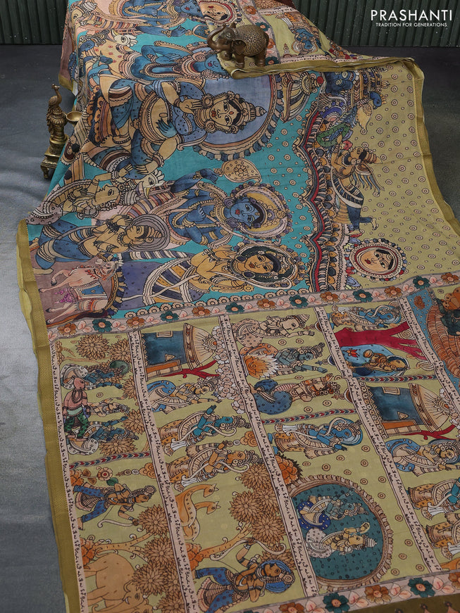 Mul cotton saree teal blue and mehendi green with kalamkari prints and zari woven border