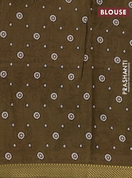 Mul cotton saree teal blue and mehendi green with kalamkari prints and zari woven border