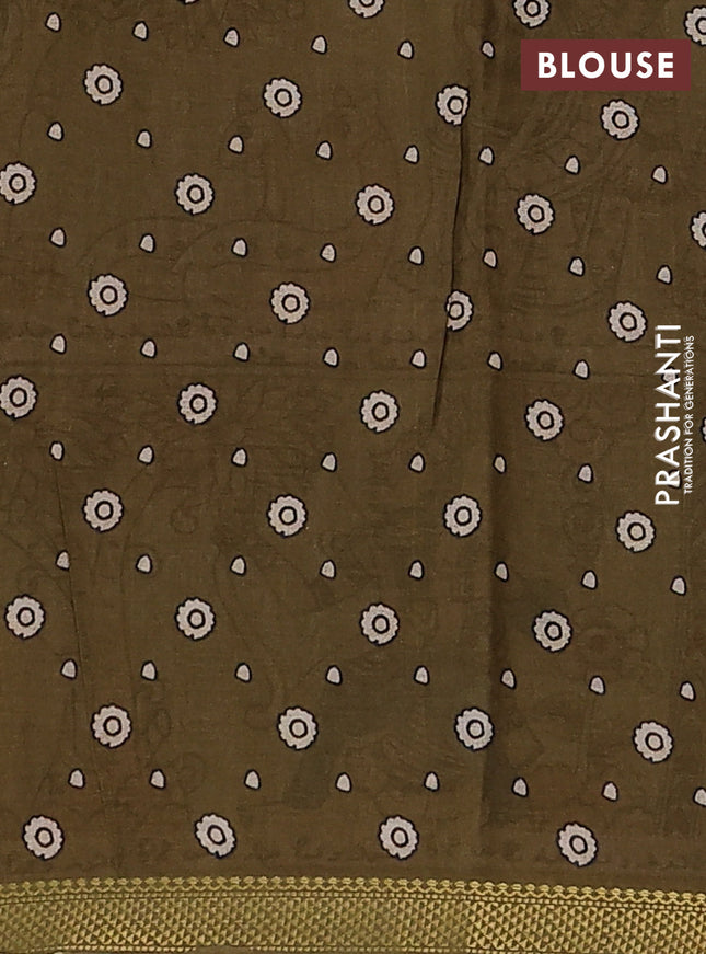 Mul cotton saree teal blue and mehendi green with kalamkari prints and zari woven border