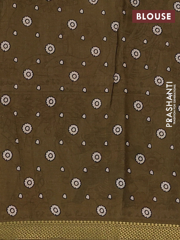 Mul cotton saree teal blue and mehendi green with kalamkari prints and zari woven border