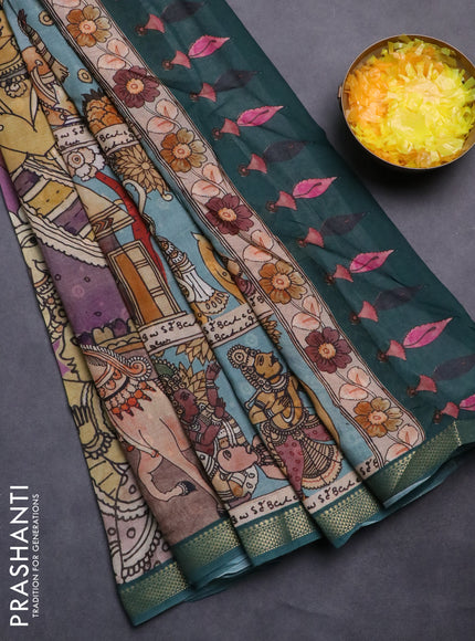 Mul cotton saree purple and peacock green with kalamkari prints and zari woven border