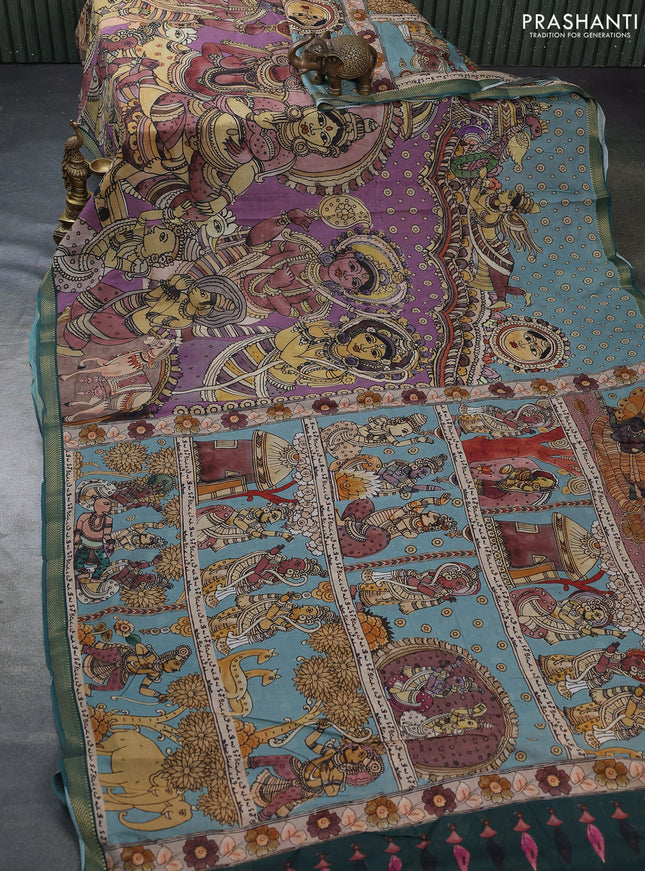 Mul cotton saree purple and peacock green with kalamkari prints and zari woven border