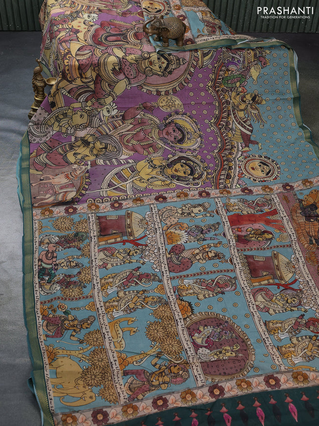 Mul cotton saree purple and peacock green with kalamkari prints and zari woven border