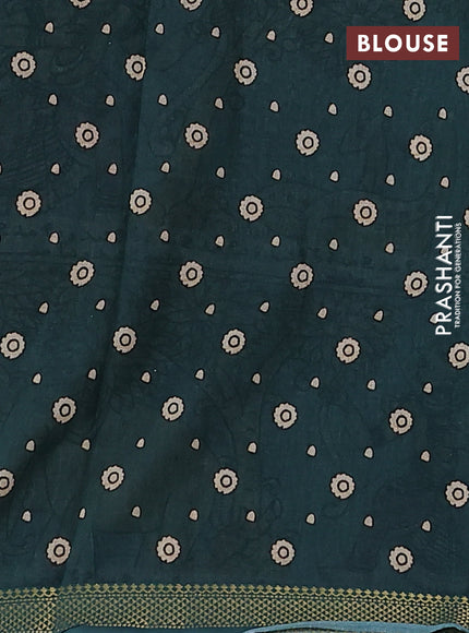 Mul cotton saree purple and peacock green with kalamkari prints and zari woven border