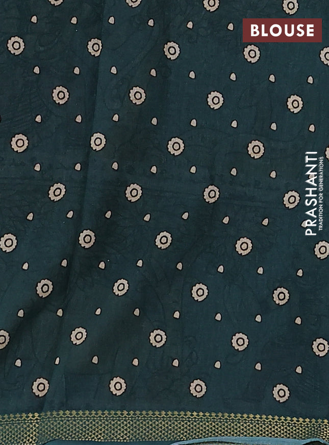 Mul cotton saree purple and peacock green with kalamkari prints and zari woven border