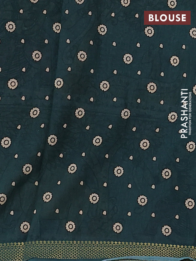 Mul cotton saree purple and peacock green with kalamkari prints and zari woven border