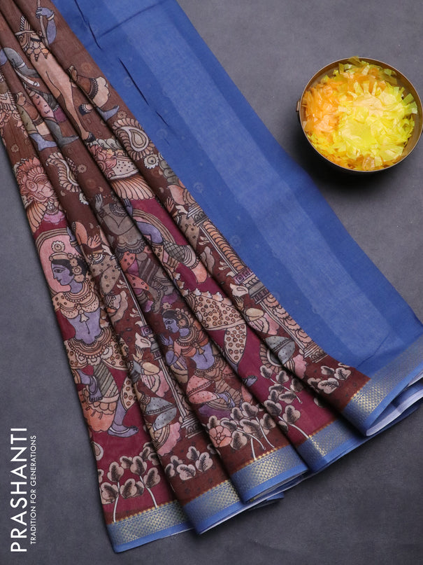 Mul cotton saree brown shade and cs blue with kalamkari prints and zari woven border
