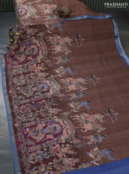 Mul cotton saree brown shade and cs blue with kalamkari prints and zari woven border