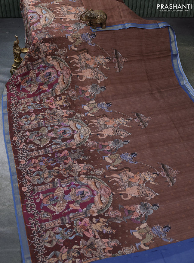 Mul cotton saree brown shade and cs blue with kalamkari prints and zari woven border