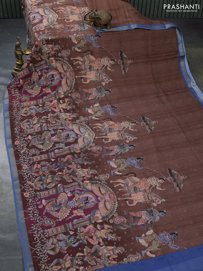 Mul cotton saree brown shade and cs blue with kalamkari prints and zari woven border