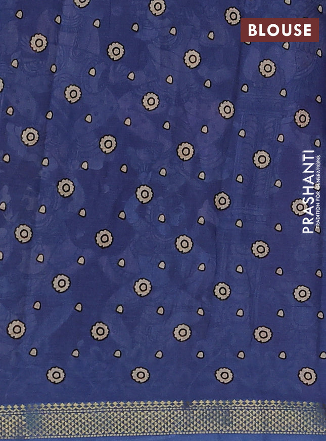 Mul cotton saree brown shade and cs blue with kalamkari prints and zari woven border