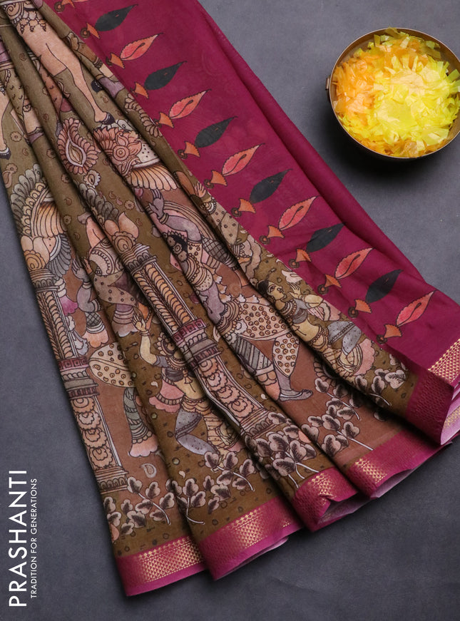 Mul cotton saree sap green and dark pink with kalamkari prints and zari woven border