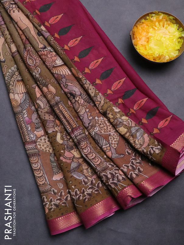 Mul cotton saree sap green and dark pink with kalamkari prints and zari woven border