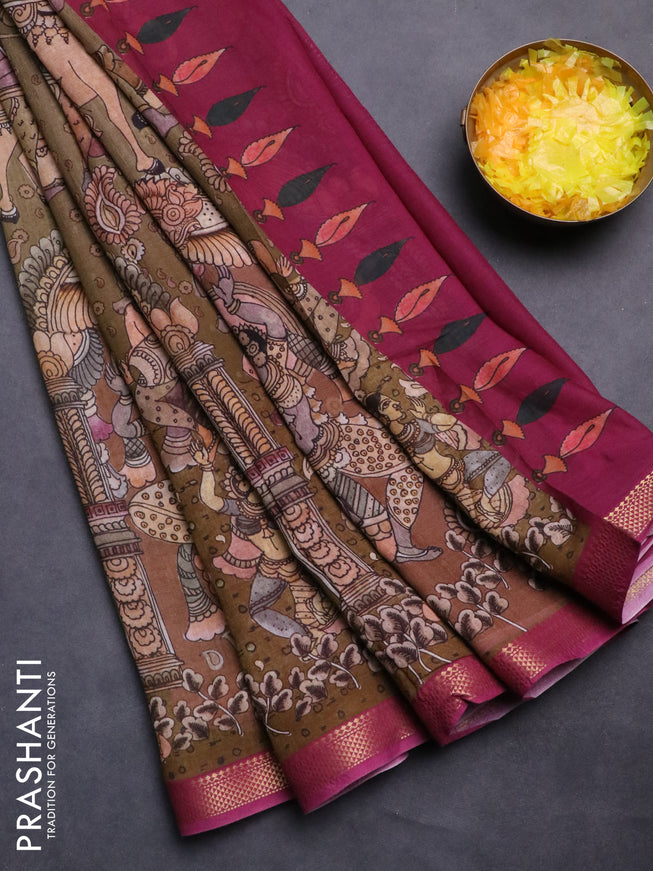 Mul cotton saree sap green and dark pink with kalamkari prints and zari woven border