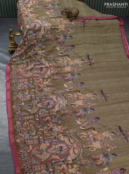 Mul cotton saree sap green and dark pink with kalamkari prints and zari woven border
