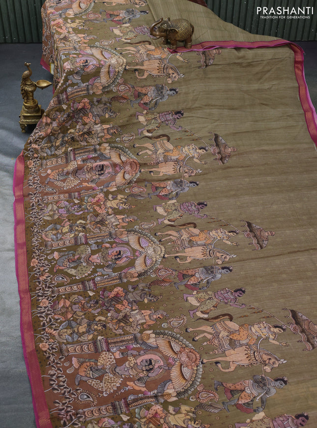 Mul cotton saree sap green and dark pink with kalamkari prints and zari woven border