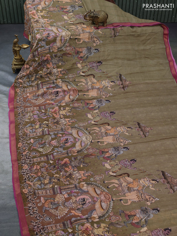 Mul cotton saree sap green and dark pink with kalamkari prints and zari woven border