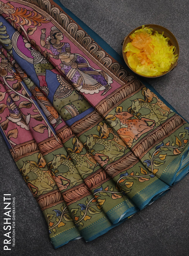 Mul cotton saree pastel brown and teal blue with kalamkari prints and long printed zari border
