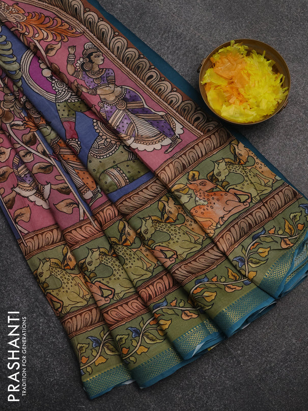 Mul cotton saree pastel brown and teal blue with kalamkari prints and long printed zari border