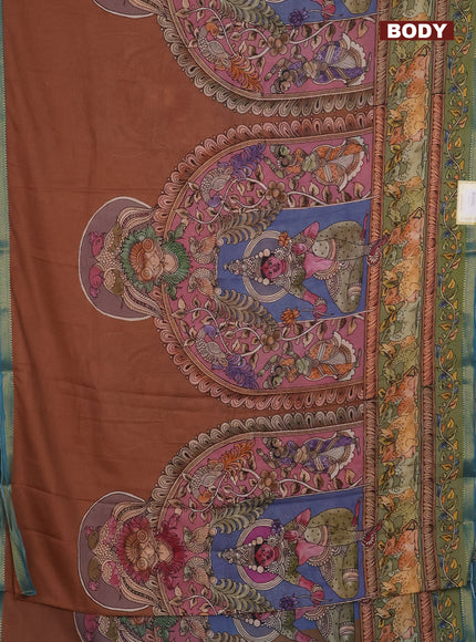 Mul cotton saree pastel brown and teal blue with kalamkari prints and long printed zari border