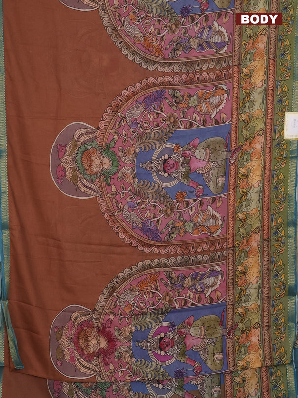 Mul cotton saree pastel brown and teal blue with kalamkari prints and long printed zari border