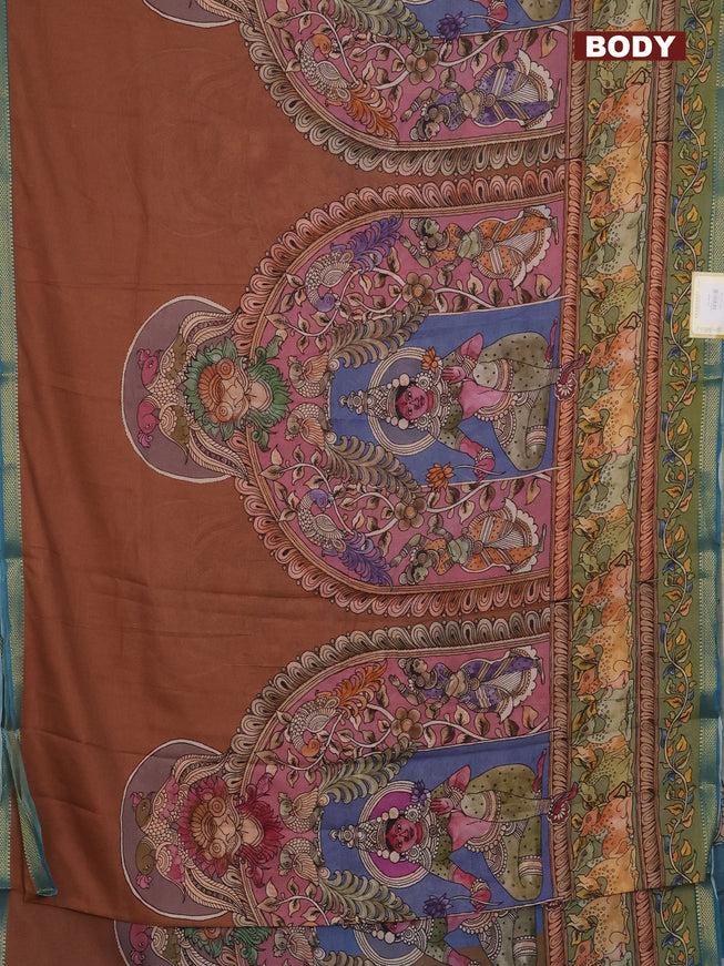 Mul cotton saree pastel brown and teal blue with kalamkari prints and long printed zari border