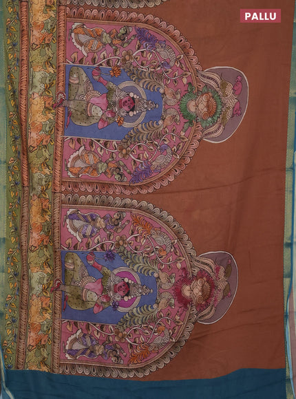 Mul cotton saree pastel brown and teal blue with kalamkari prints and long printed zari border