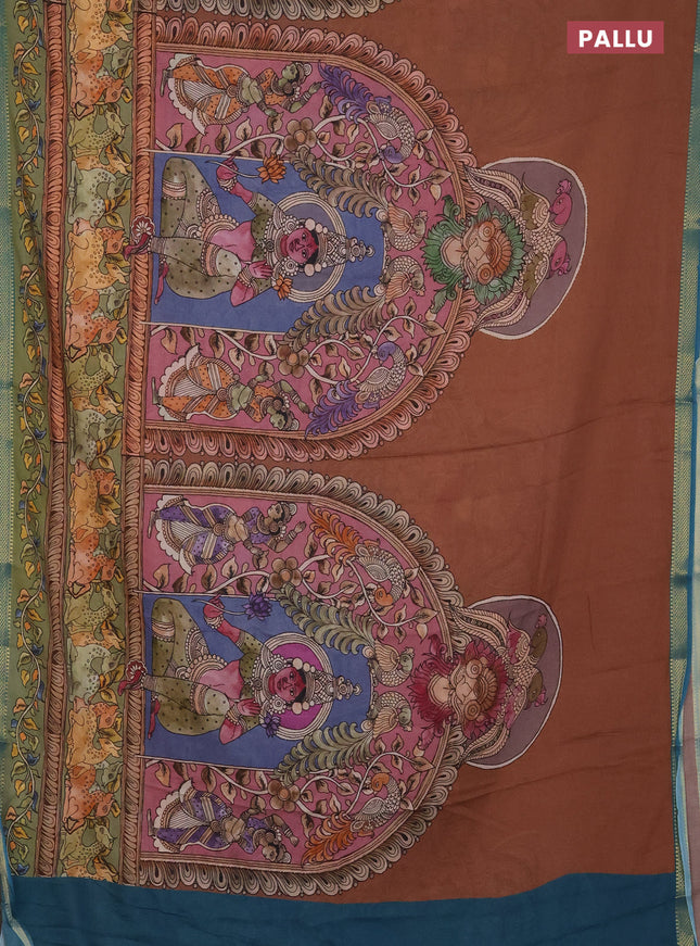 Mul cotton saree pastel brown and teal blue with kalamkari prints and long printed zari border
