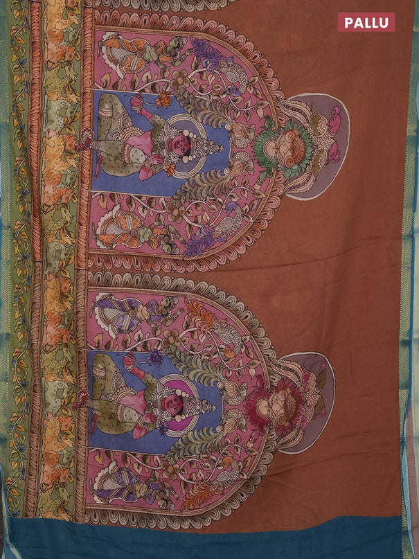 Mul cotton saree pastel brown and teal blue with kalamkari prints and long printed zari border