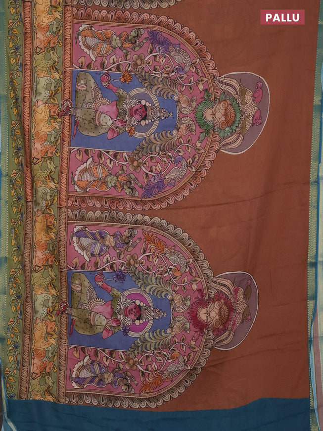 Mul cotton saree pastel brown and teal blue with kalamkari prints and long printed zari border