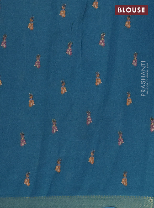 Mul cotton saree pastel brown and teal blue with kalamkari prints and long printed zari border