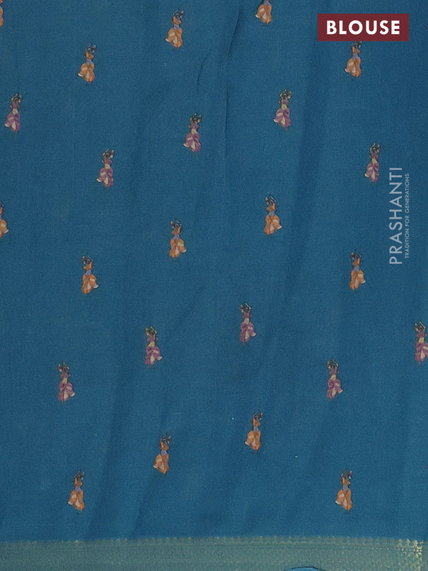 Mul cotton saree pastel brown and teal blue with kalamkari prints and long printed zari border