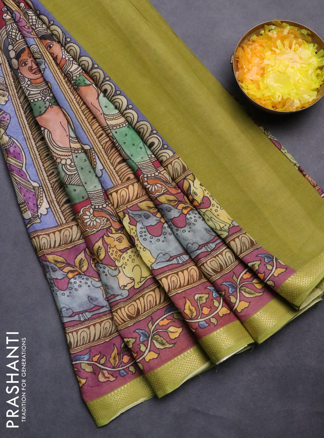 Mul cotton saree blue and green with kalamkari prints and long printed zari border